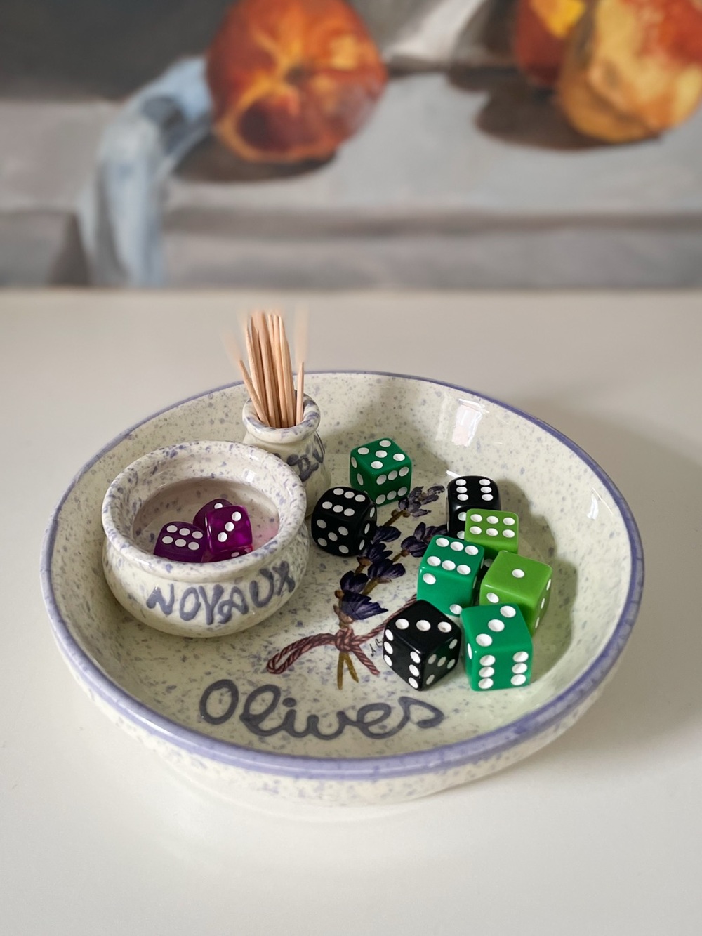 Handpainted Ceramic Olive Serving Dish Lavender Motif Pit Well Toothpick Holder - Picture 3 of 7